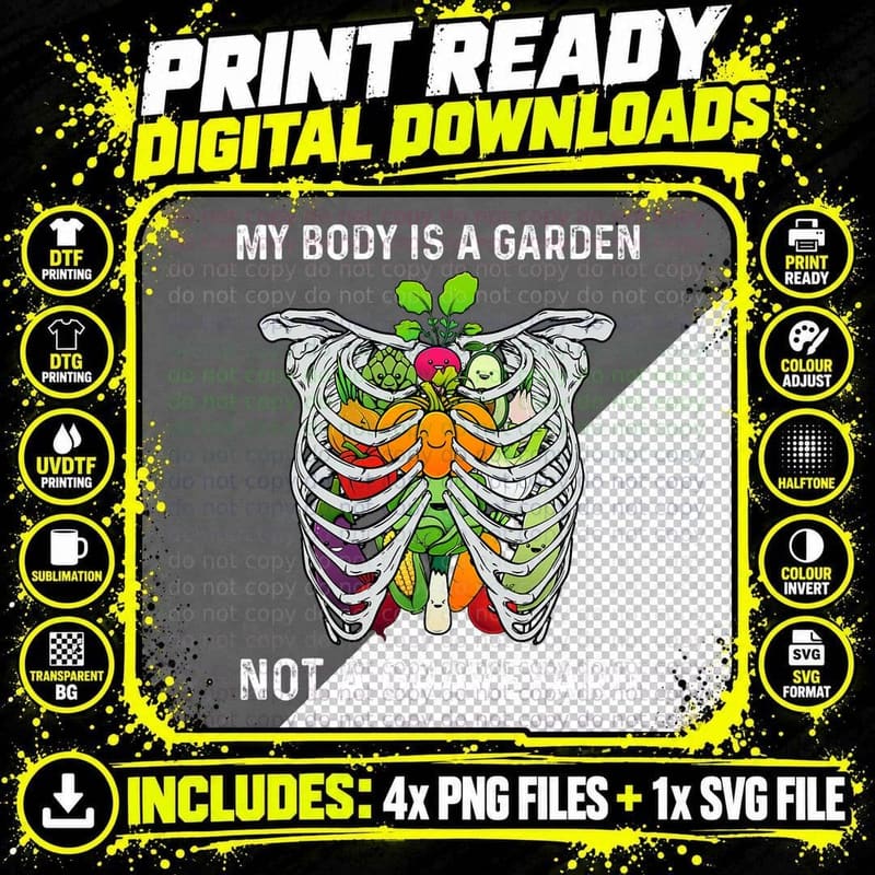Vegan Body Garden Not Graveyard, Skeleton Ribcage Png SVG Digital Bundle