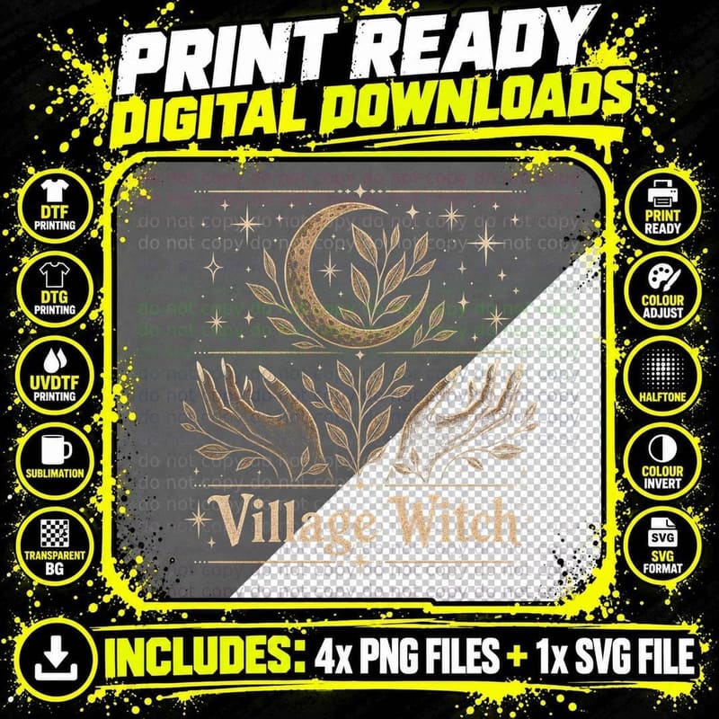 Village Witch Moon Hands T-Shirt Witchy Herbalist Png SVG Digital Bundle