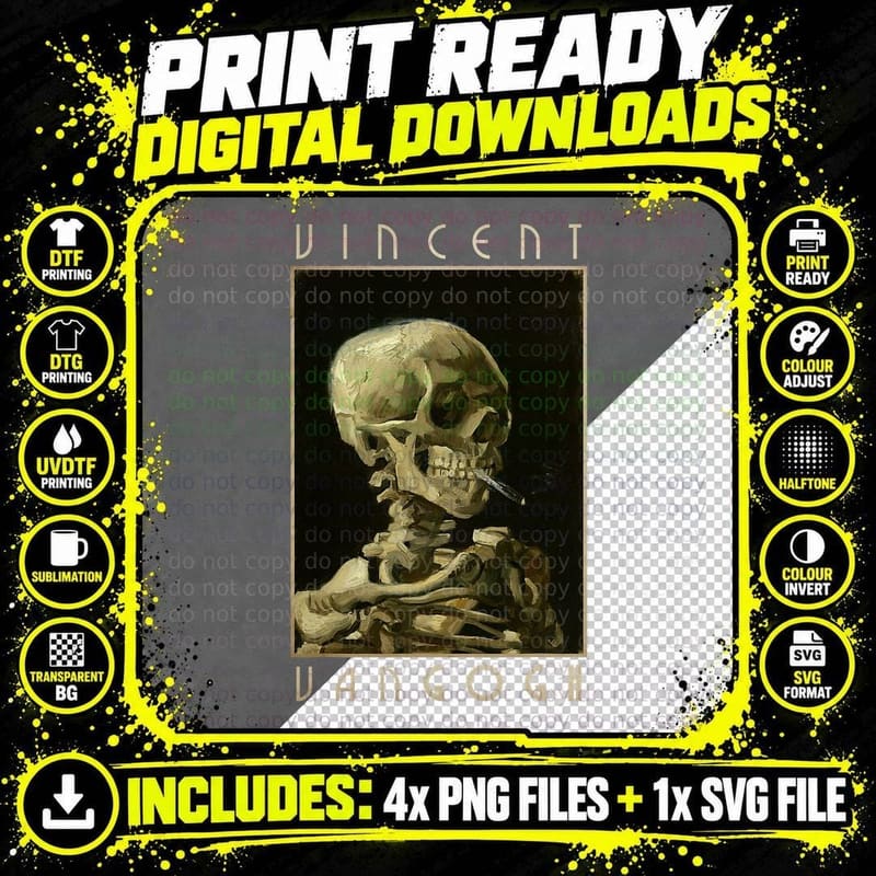 Vincent Van Gogh Skeleton Tee, Smoking Skull Painting Png SVG Digital Bundle