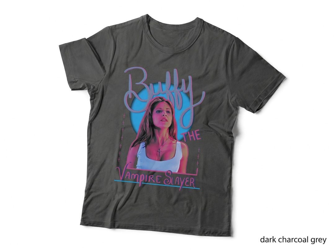 Vintage 90S Buffy Vampire Slayer Tee, Sarah Cross Necklace, Retro TV Show Art