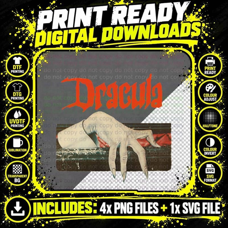 Vintage Dracula Classic Tee, Coffin Hand Bram Stoker Png SVG Digital Bundle