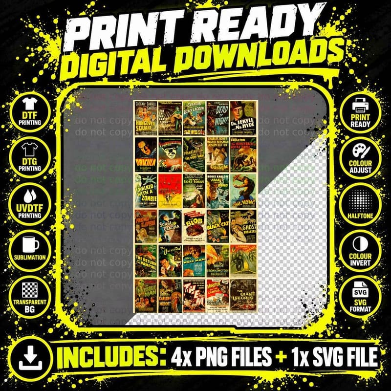 Vintage Horror Movie Posters Tee, Dracula Frankenstein Png SVG Digital Bundle