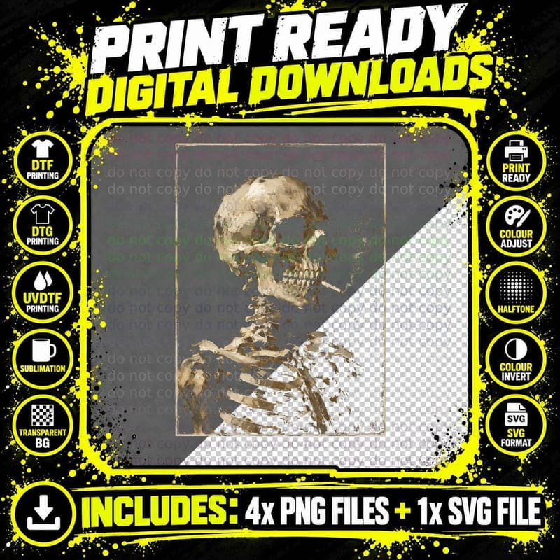 Vintage Skeleton Smoking T-Shirt Gothic Grunge Retro Png SVG Digital Bundle