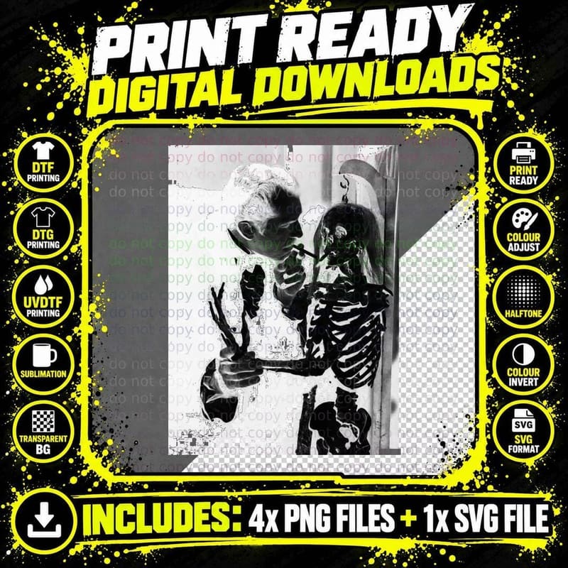 Vintage Skeleton Smoking T-Shirt, Gothic Horror Style Png SVG Digital Bundle