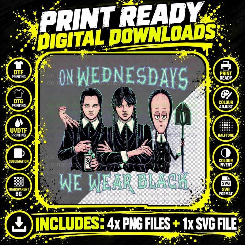 Wednesday Addams T-Shirt, Gothic Halloween Style Png SVG Digital Bundle