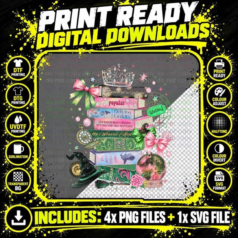Wicked Musical Book Stack, Tiara Witch Hat Glinda Png SVG Digital Bundle