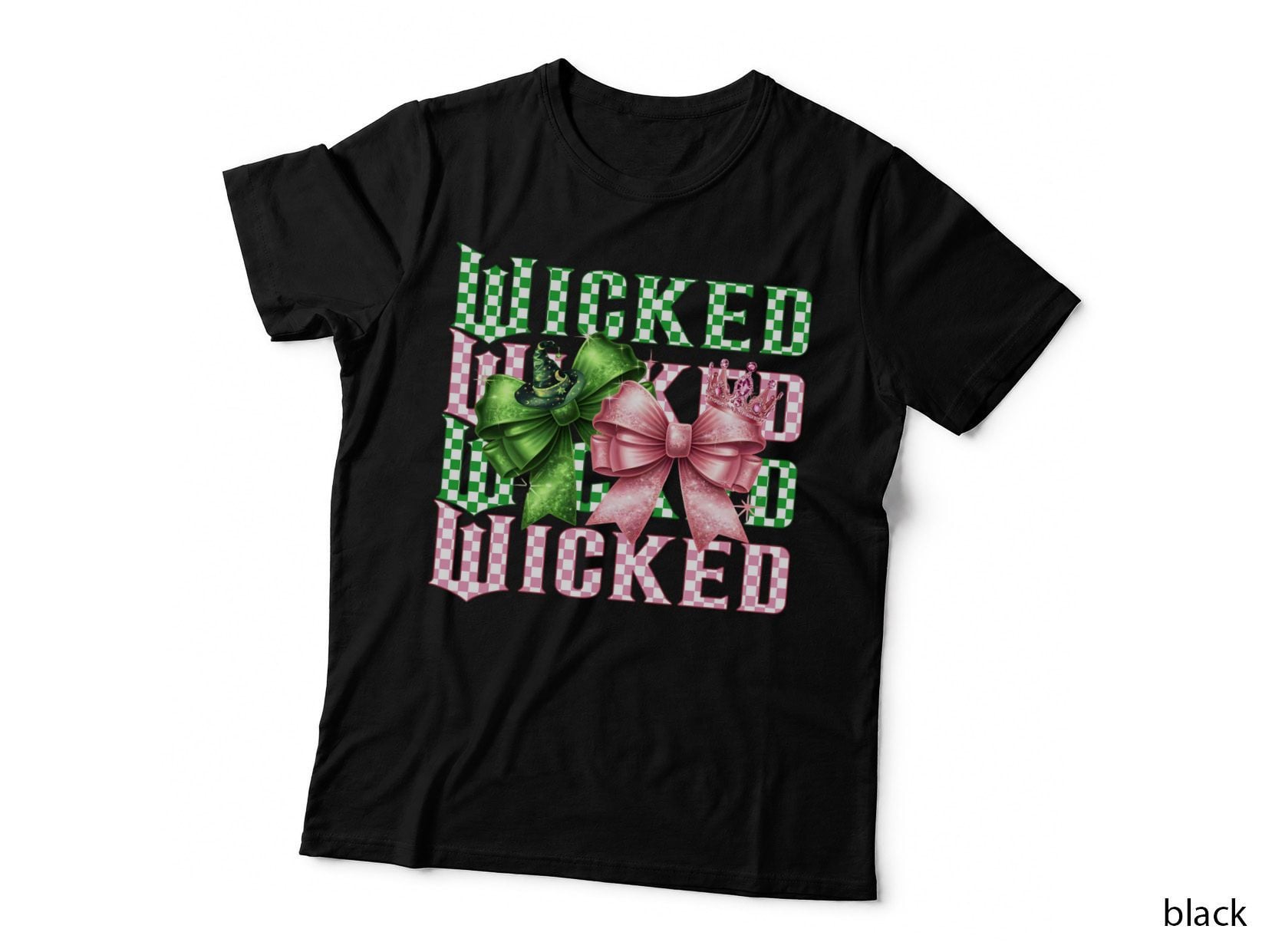 Wicked Pink Green Bow Tee, Witch Hat Crown Checkered Glitter Witchy Art
