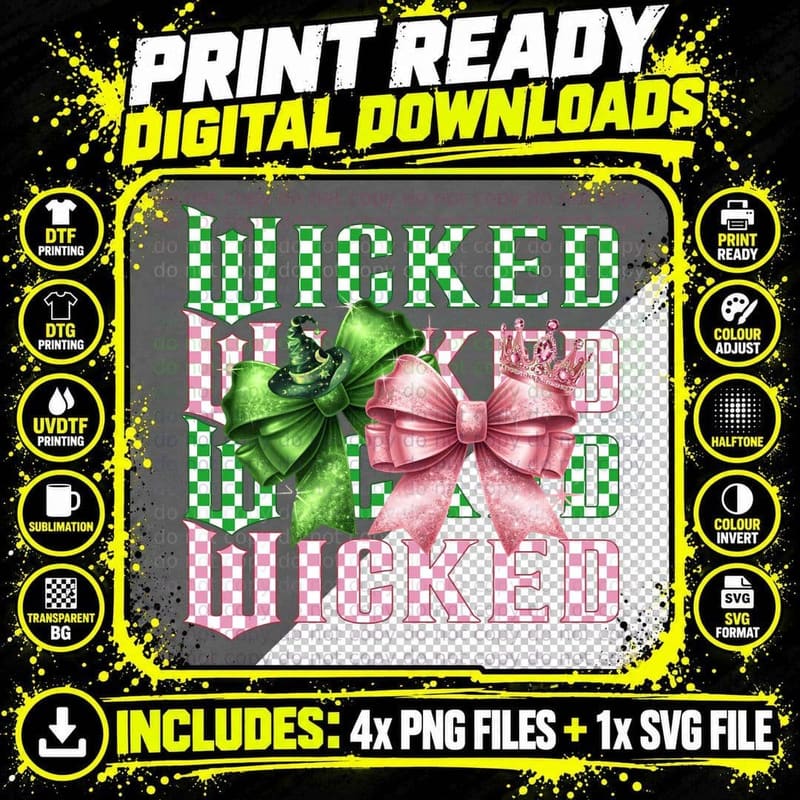 Wicked Pink Green Bow Tee, Witch Hat Crown Checkered Png SVG Digital Bundle