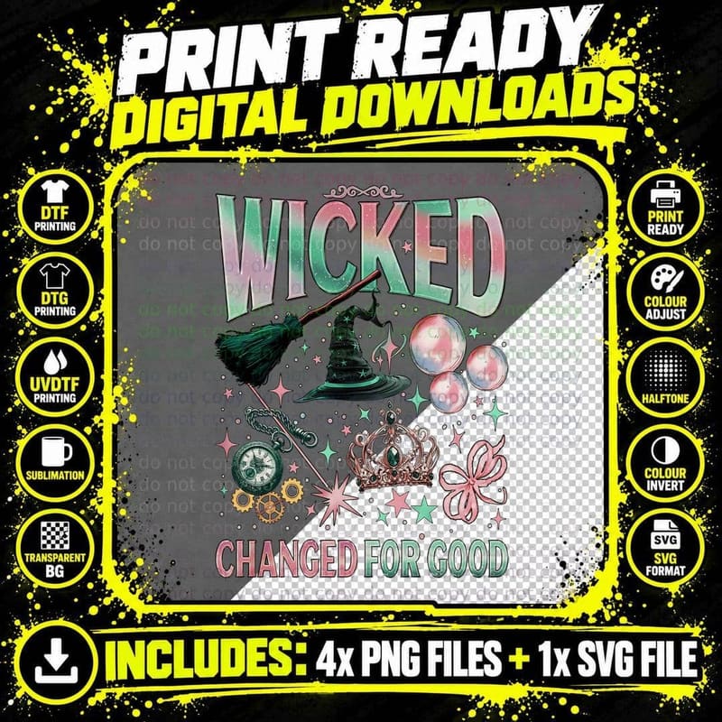 Wicked Witch Aesthetic Tee, Changed for Good Broom Hat Png SVG Digital Bundle