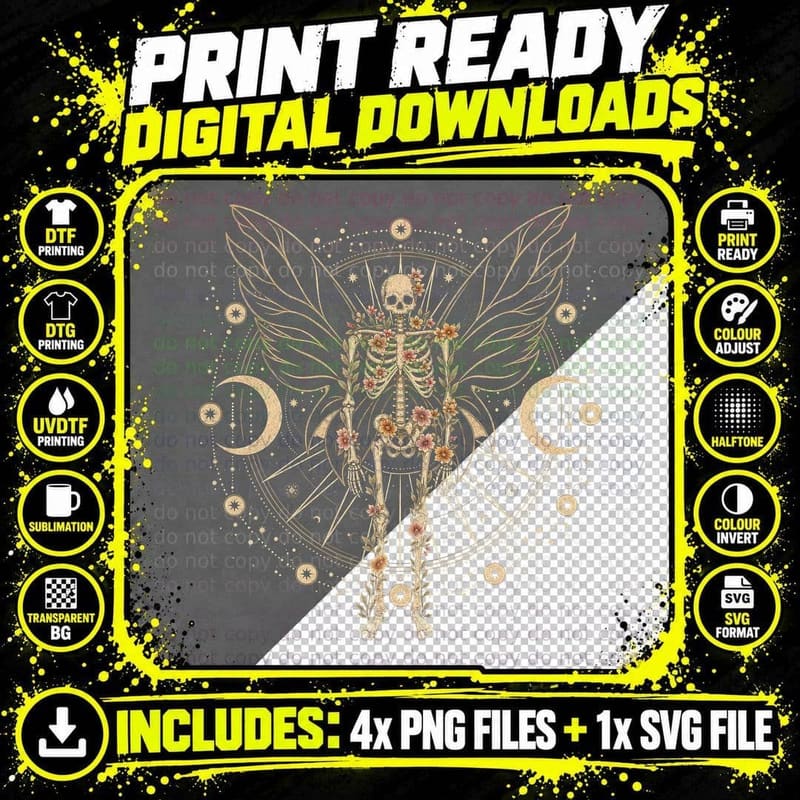 Winged Skeleton Flower Mandala T-Shirt Gothic Celestial Png SVG Digital Bundle