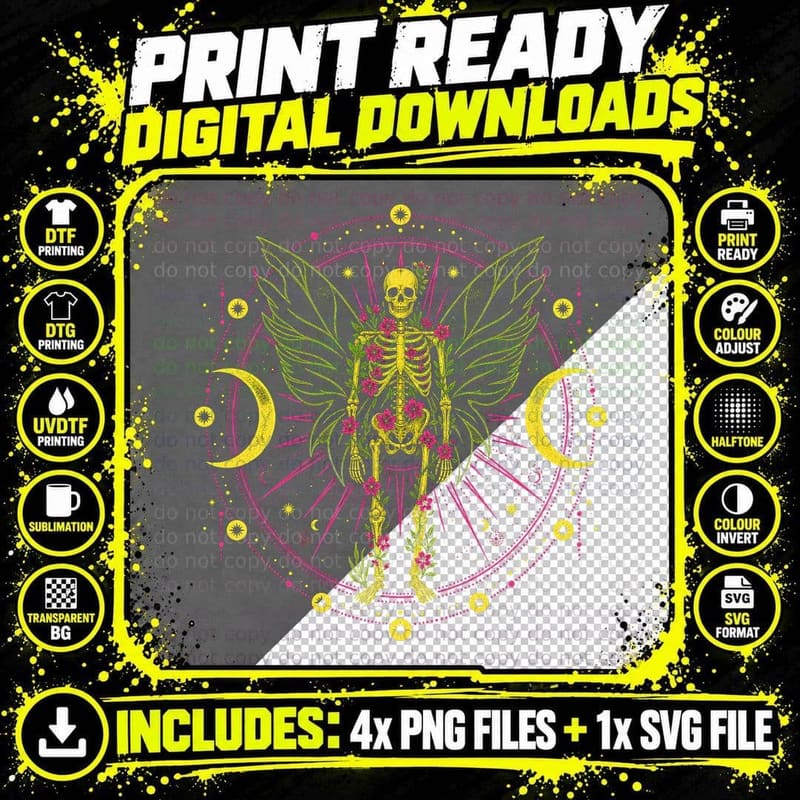 Winged Skeleton Mandala Neon T-Shirt Gothic Celestial Png SVG Digital Bundle