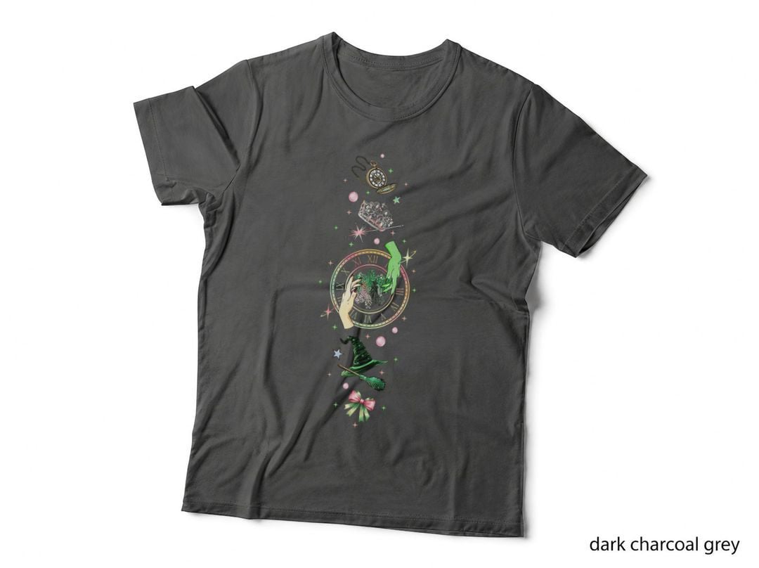 Witch Broom and Hat T-Shirt, Green Hand Spell Circle Art, Magic Pocket Watch Top