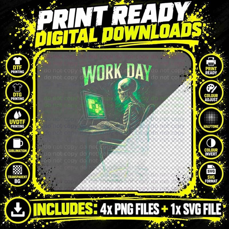 Work Day Skeleton at Computer T-Shirt, Halloween Costume Png SVG Digital Bundle