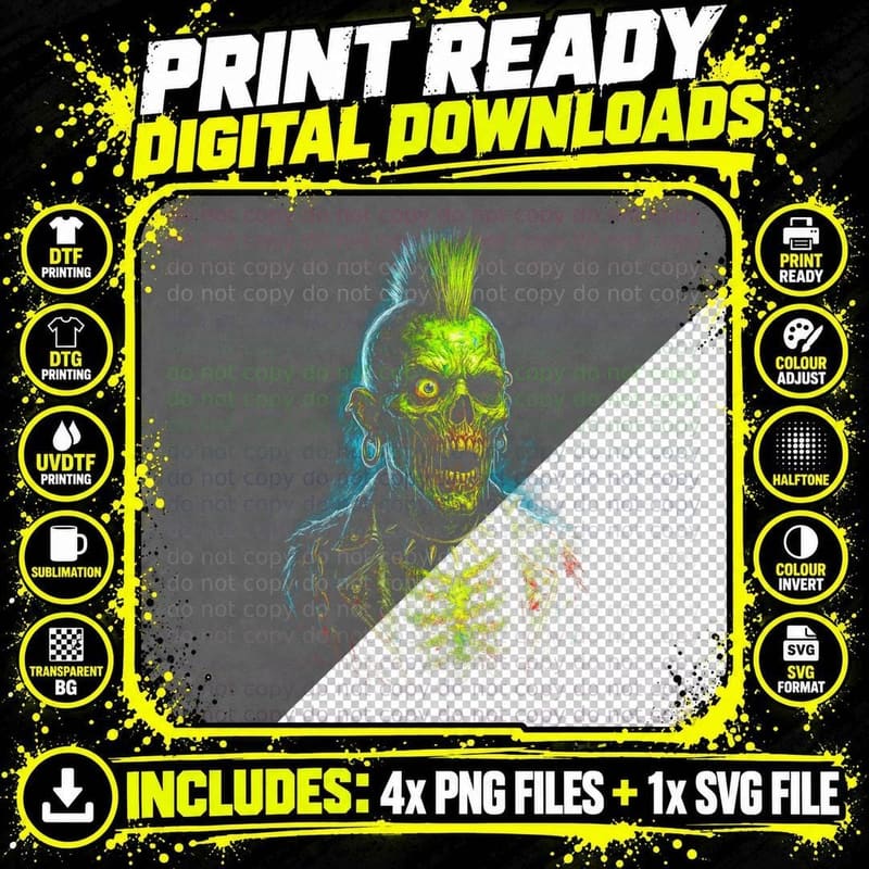 Zombie Punk T-Shirt, Horror Art Print, Halloween Costume Png SVG Digital Bundle