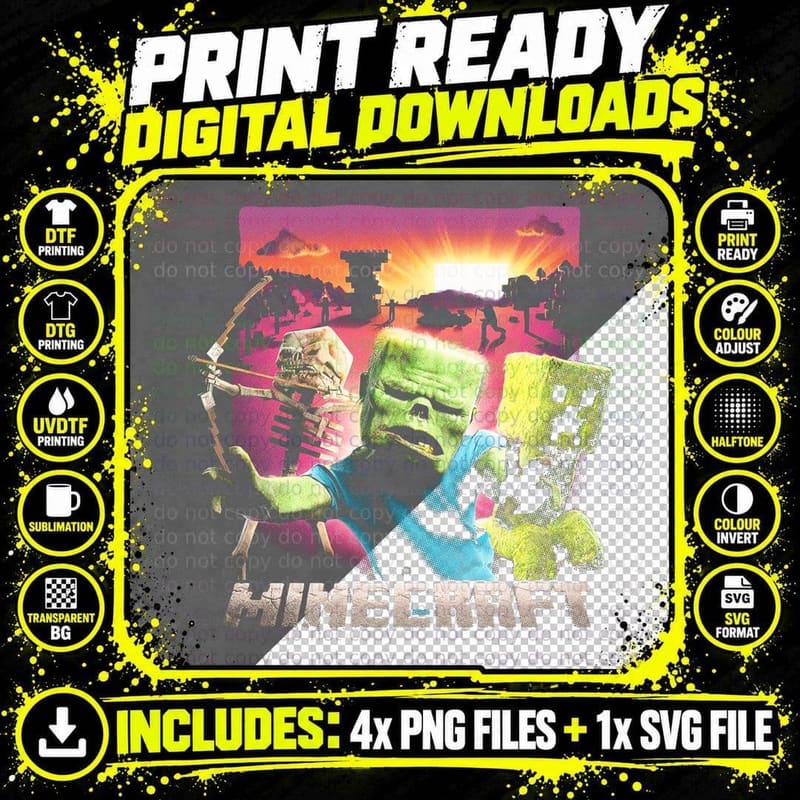 Zombie and Skeleton Archer T-Shirt, Sunset Pixel World Png SVG Digital Bundle