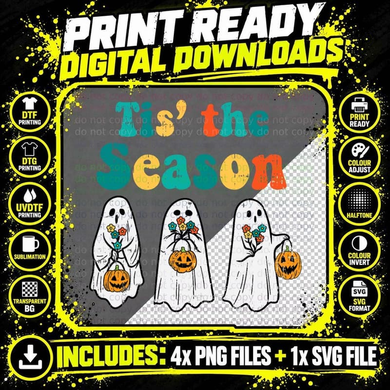 3 Floral Ghosts Tis the Season Retro Groovy Halloween Png SVG Digital Bundle