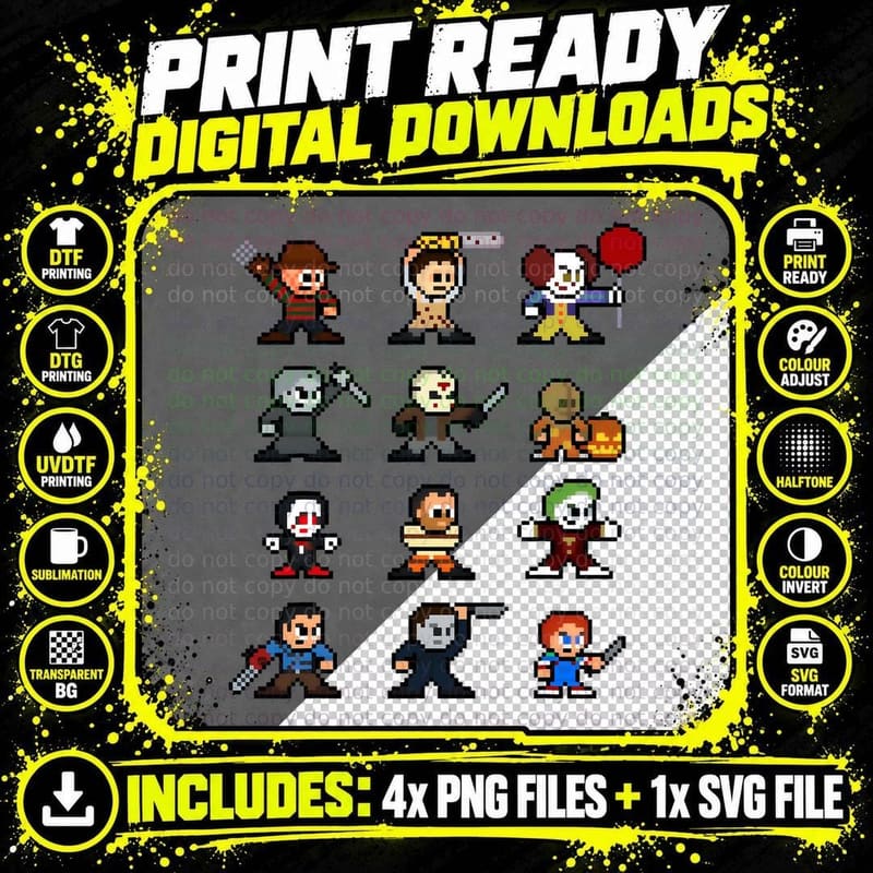 80s Retro Halloween Horror Movies Villains Characters Png SVG Digital Bundle
