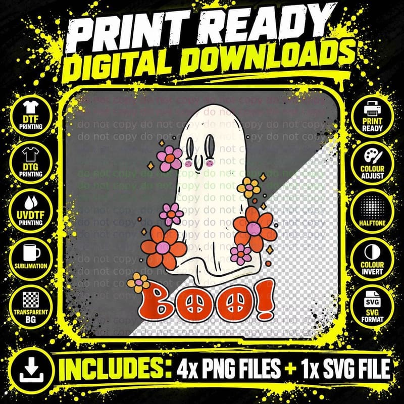 Adorable Retro BOO Hippie Ghost Hippie Halloween T-Shirt Png SVG Digital Bundle
