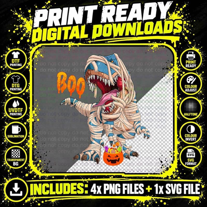 BOO Halloween Ghost Skeleton Dinosaur T-Rex T-Shirt Png SVG Digital Bundle