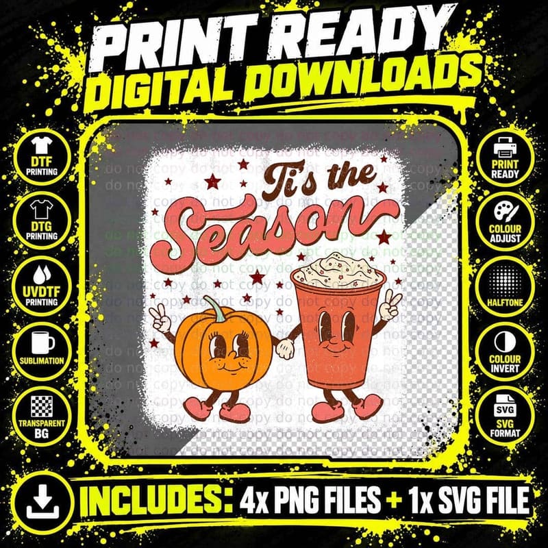 Boho Groovy Tis the Season Cute Pumpkin Spice Fall Png SVG Digital Bundle
