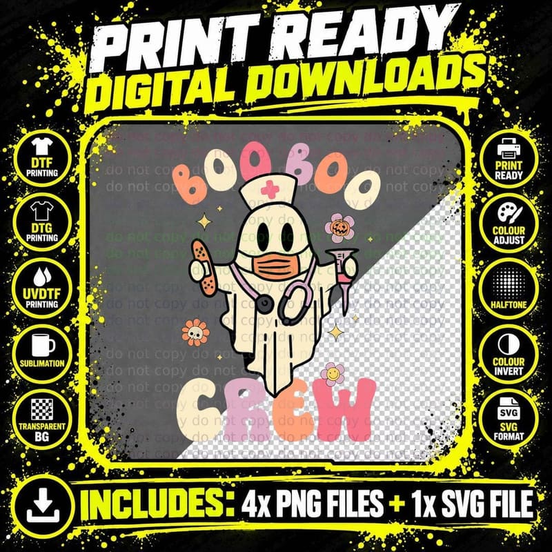 Boo Boo Crew Cute Ghost Nurse Retro Halloween Trick or Png SVG Digital Bundle