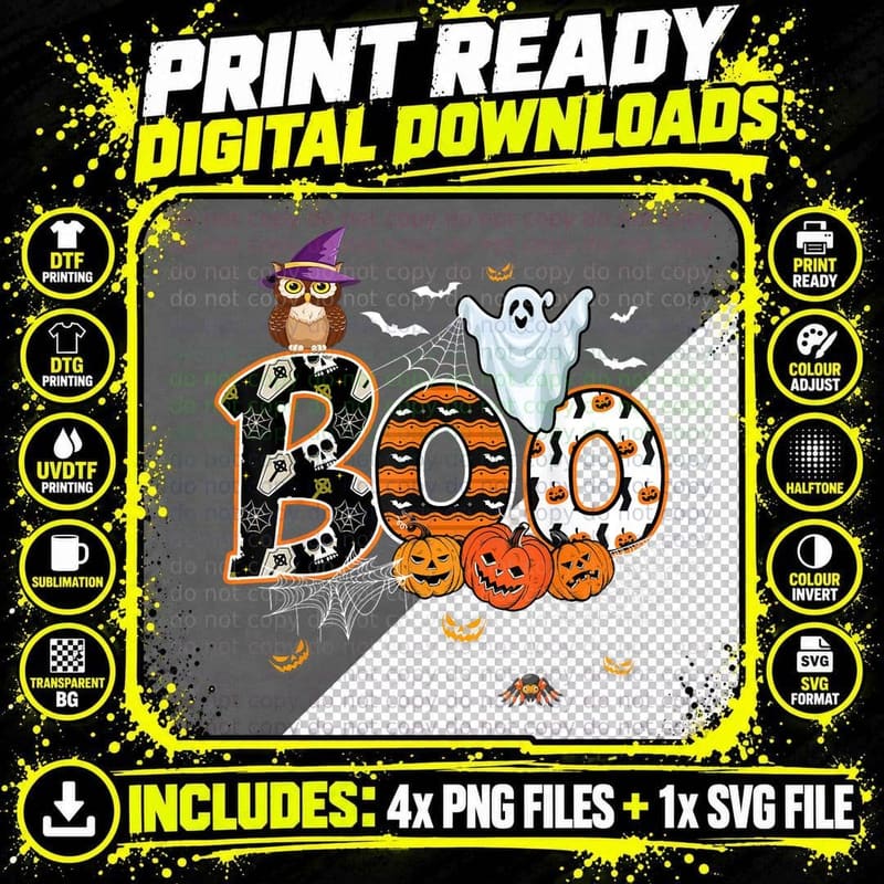 Boo Creepy Owl Pumpkin Ghost Funny Halloween Costume Png SVG Digital Bundle