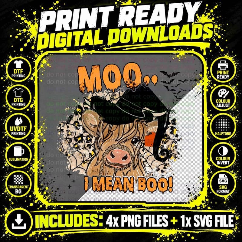 Boo Ghost Cow Halloween, Moo I Mean Boo, Funny Cow Png SVG Digital Bundle