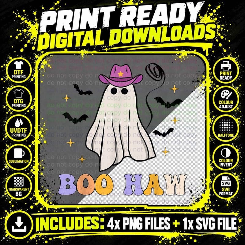 Boo Haw Ghost Western Cowboys Hat Funny Halloween Spooky Png SVG Digital Bundle