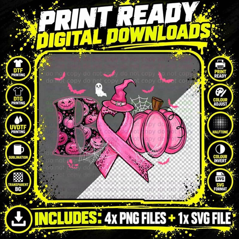 Boo Pumpkin Pink Ribbon Witch Breast Cancer Ghost Png SVG Digital Bundle