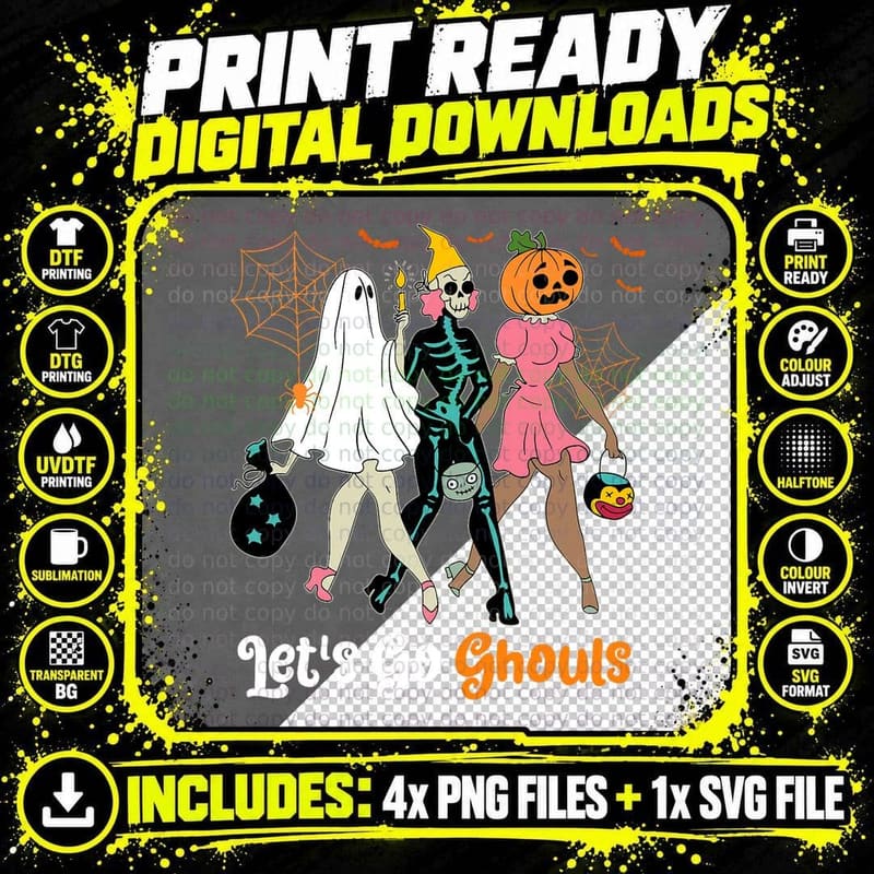 Boo Skeleton Let's Go Ghouls Halloween Costume Retro Png SVG Digital Bundle