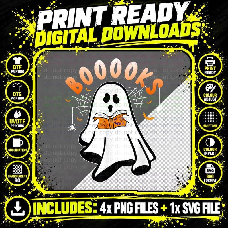 Booooks Cute Ghost Reading Library Books Halloween Png SVG Digital Bundle