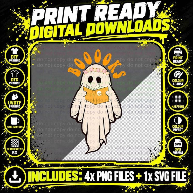Booooks Ghost Boo Reading Books Library Halloween Png SVG Digital Bundle