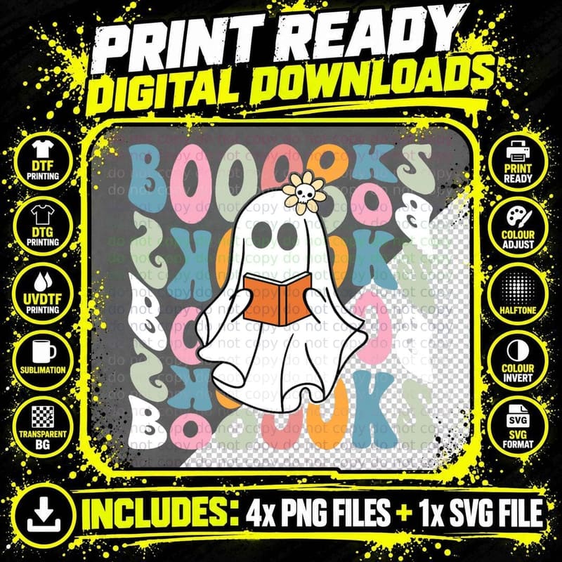 Booooks Ghost Funny Halloween Teacher Book Library Png SVG Digital Bundle