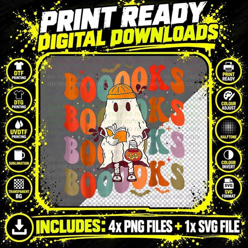 Booooks Groovy Cute Ghost Book Retro Reading Halloween Png SVG Digital Bundle