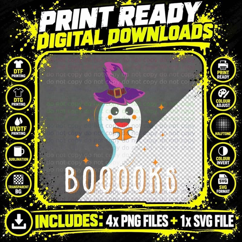 Booooks Halloween Shirts Cute Ghost Book Teacher Reading Png SVG Digital Bundle