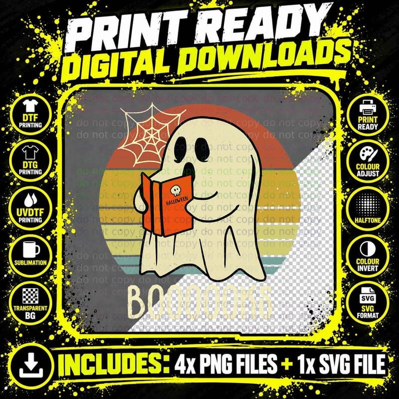 Booooks Retro Halloween Teacher Cute Ghost Reading Books Png SVG Digital Bundle