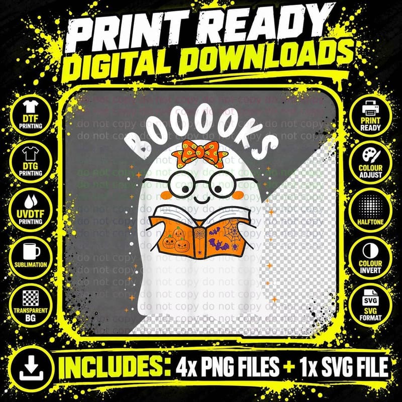 Booooks! Cute Ghost Reading Library Books Teacher Png SVG Digital Bundle