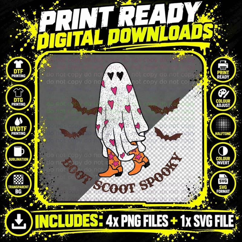 Boot Scoot Spooky Cowboy Ghost Groovy Retro Halloween Png SVG Digital Bundle