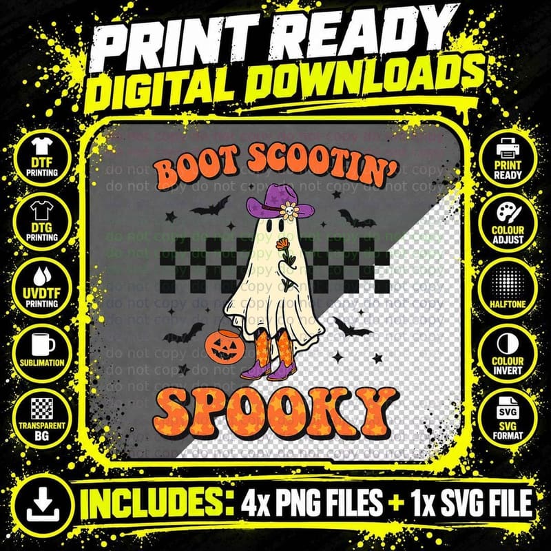Boot Scootin Spooky Cowgirl Ghost Pumpkin Halloween Png SVG Digital Bundle