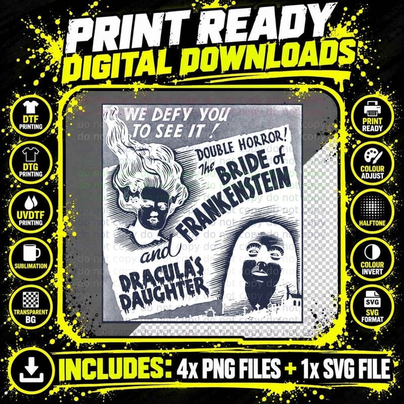 Bride of Frankenstein & Draculas Daughter Vintage Horror Png SVG Digital Bundle