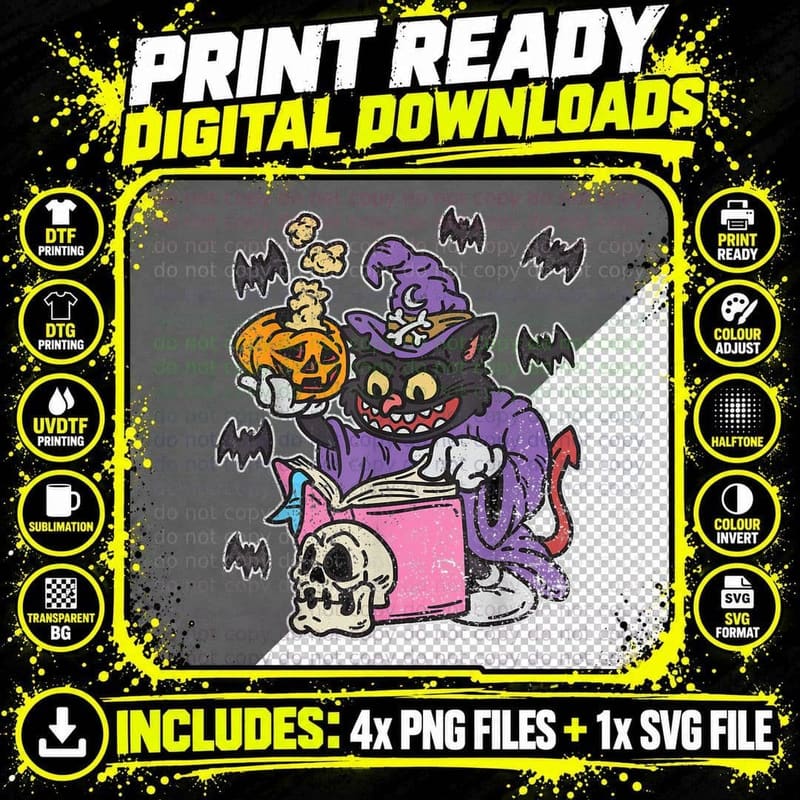 Cat Witch Halloween Costume Spooky Black Bat Pumpkin Png SVG Digital Bundle