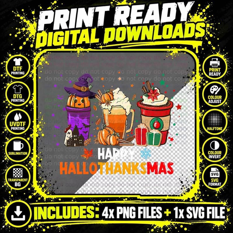 Coffee Pumpkin Spice Latte Happy Hallothanksmas T-Shirt Png SVG Digital Bundle