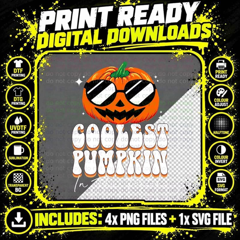 Coolest Pumpkin in the Patch Boys Retro Groovy Halloween Png SVG Digital Bundle