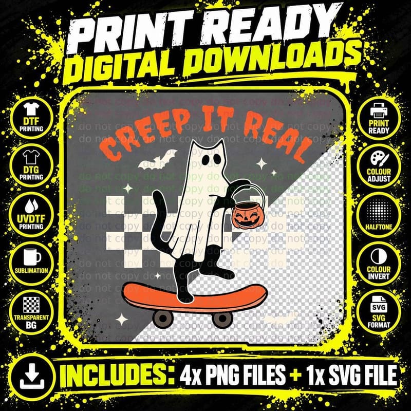 Creep It Real Black Cat Ghost Retro Halloween Spooky Png SVG Digital Bundle