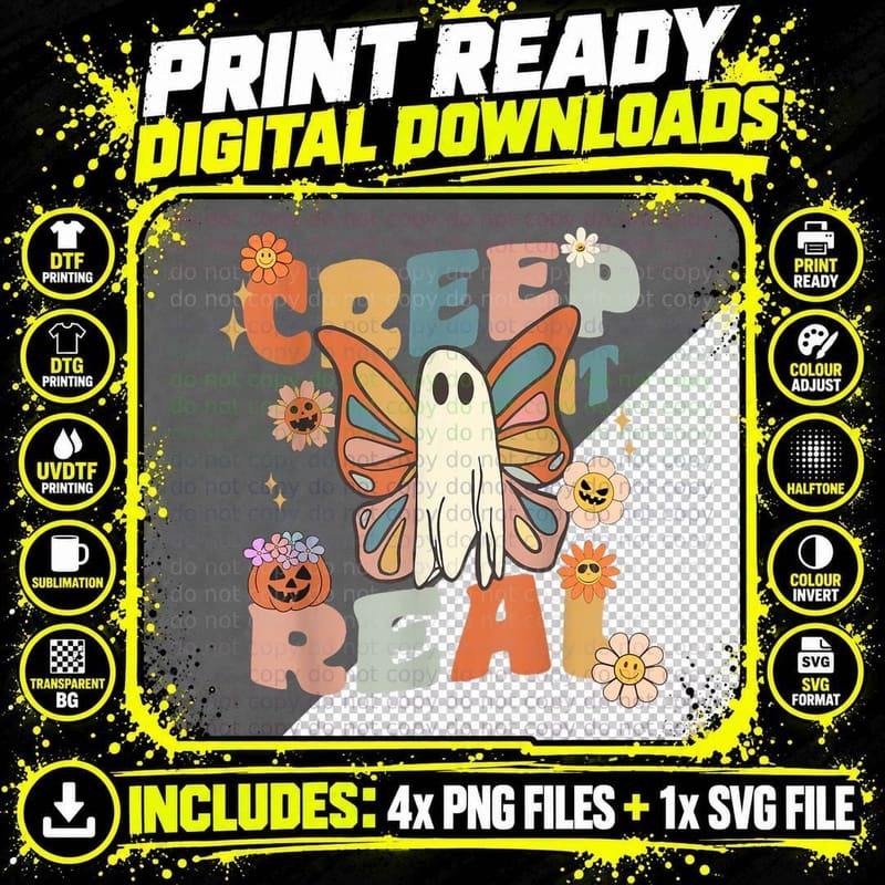 Creep It Real Butterfly Ghost Halloween Sweating Groovy Png SVG Digital Bundle