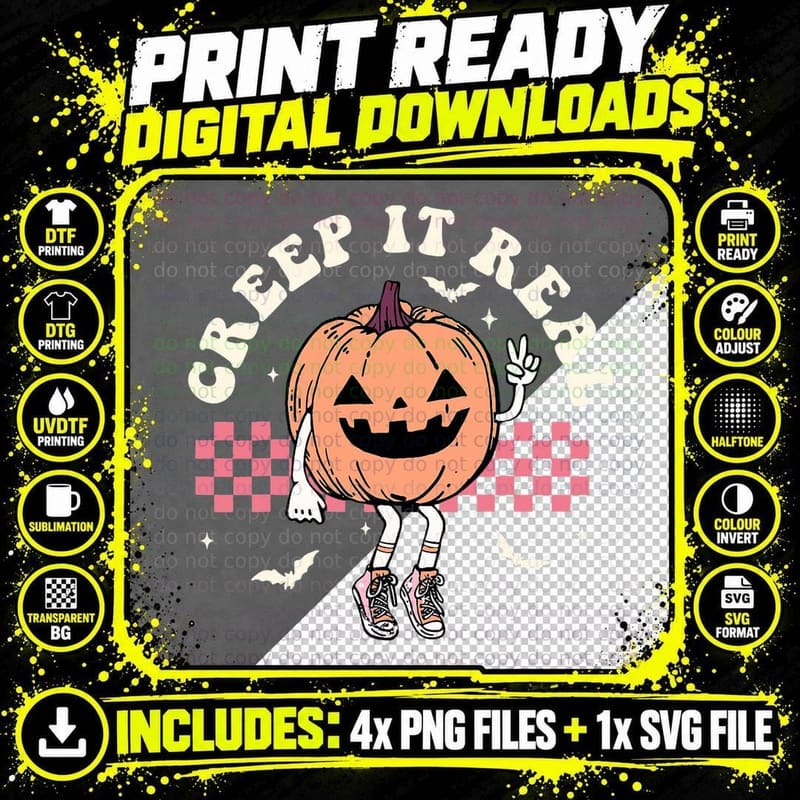 Creep It Real Funny Pumpkin Halloween Groovy Retro Girl Png SVG Digital Bundle