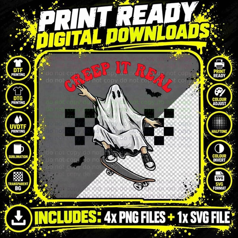 Creep It Real Ghost Skate Halloween Groovy Retro Vintage Png SVG Digital Bundle