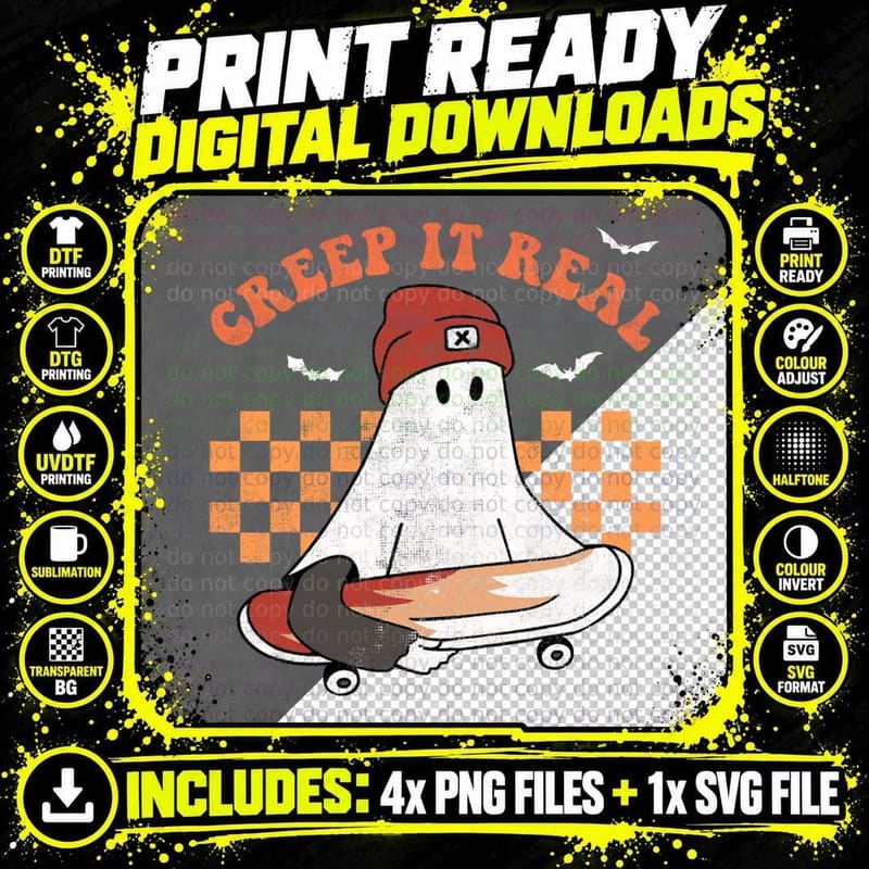 Creep It Real Skateboard Ghost Halloween Groovy Retro Png SVG Digital Bundle