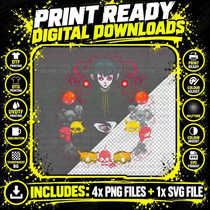 Creepy Kawaii Goth Halloween Retro Zen Yoga Meditation Png SVG Digital Bundle