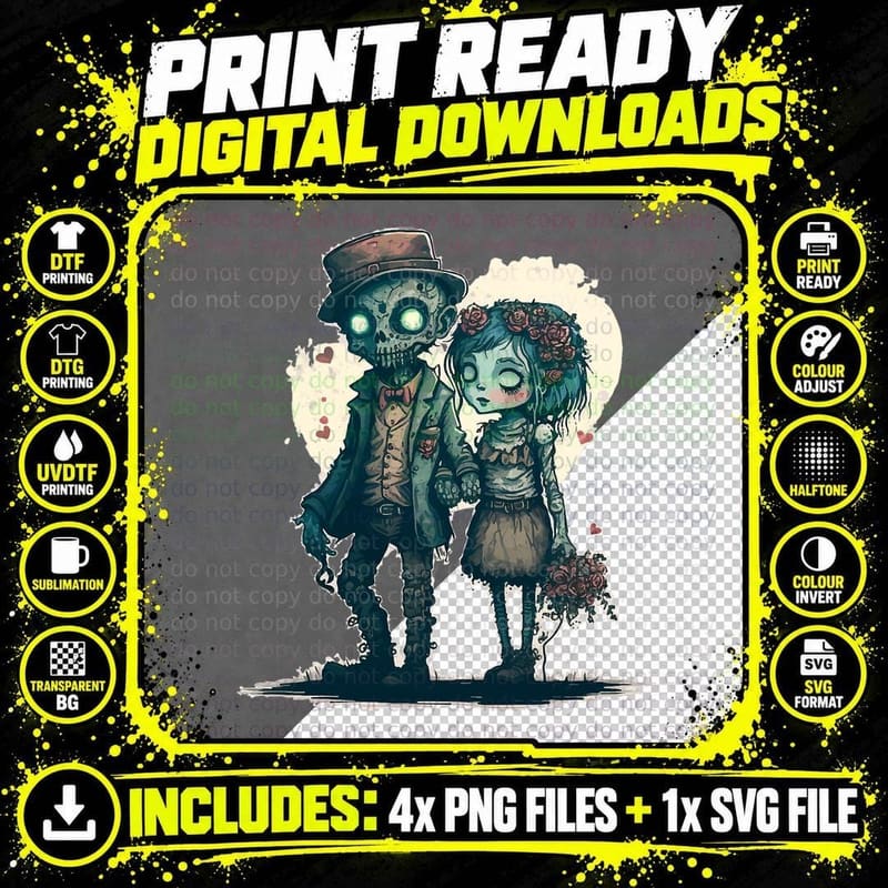 Creepy Zombie Undead Couple Steampunk Horror Valentine's Png SVG Digital Bundle